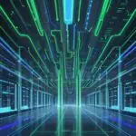 Futuristisches, blau-grün beleuchtetes Rechenzentrum, das die enorme Skalierung von Cloud-Infrastruktur und globale Datenverbindungen symbolisiert.