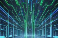 Futuristisches, blau-grün beleuchtetes Rechenzentrum, das die enorme Skalierung von Cloud-Infrastruktur und globale Datenverbindungen symbolisiert.