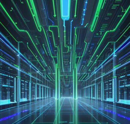 Futuristisches, blau-grün beleuchtetes Rechenzentrum, das die enorme Skalierung von Cloud-Infrastruktur und globale Datenverbindungen symbolisiert.