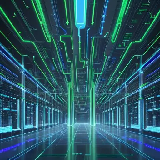 Futuristisches, blau-grün beleuchtetes Rechenzentrum, das die enorme Skalierung von Cloud-Infrastruktur und globale Datenverbindungen symbolisiert.
