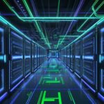 Futuristisches, detailliertes Bild eines massiven Rechenzentrums mit leuchtenden KI-Beschleuniger-Racks, das immense Rechenleistung und Datenfluss visualisiert.