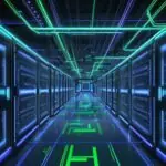 Futuristisches, detailliertes Bild eines massiven Rechenzentrums mit leuchtenden KI-Beschleuniger-Racks, das immense Rechenleistung und Datenfluss visualisiert.