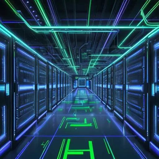 Futuristisches, detailliertes Bild eines massiven Rechenzentrums mit leuchtenden KI-Beschleuniger-Racks, das immense Rechenleistung und Datenfluss visualisiert.