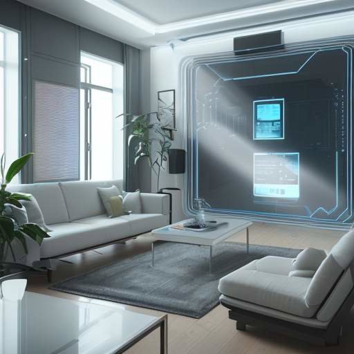 Futuristisches Smart Home Interieur, das nahtlos Technologie und Wohnen verbindet. Eine Familie interagiert intuitiv mit der Umgebung, was die Verschmelzung von Mensch und Technik zeigt.