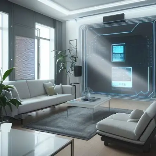 Futuristisches Smart Home Interieur, das nahtlos Technologie und Wohnen verbindet. Eine Familie interagiert intuitiv mit der Umgebung, was die Verschmelzung von Mensch und Technik zeigt.