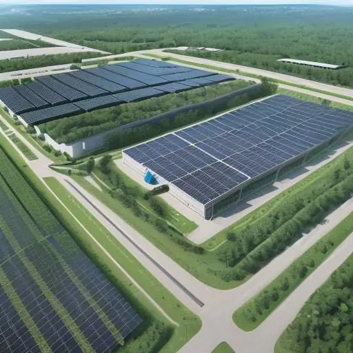 Harmonisches Bild eines modernen Rechenzentrums, das sich nahtlos in eine grüne Landschaft integriert, um nachhaltige KI-Infrastruktur zu symbolisieren.