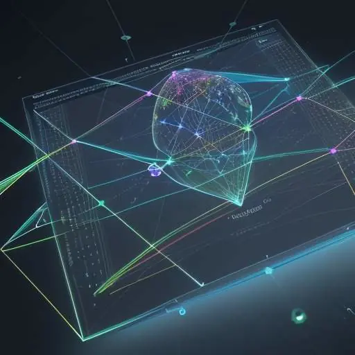 Interaktive holografische Datenvisualisierung in einem Konferenzraum, die die Vernetzung von Geschäfts- und Lieferketten zeigt, während Führungskräfte strategisch diskutieren.