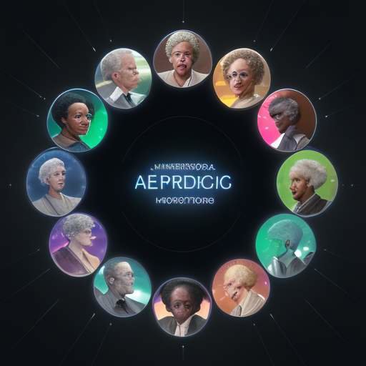 Interdisziplinäre Gruppe diskutiert bei einem leuchtenden Hologramm, was die menschliche Zusammenarbeit und ethische Debatte bei technologischem Fortschritt visualisiert.