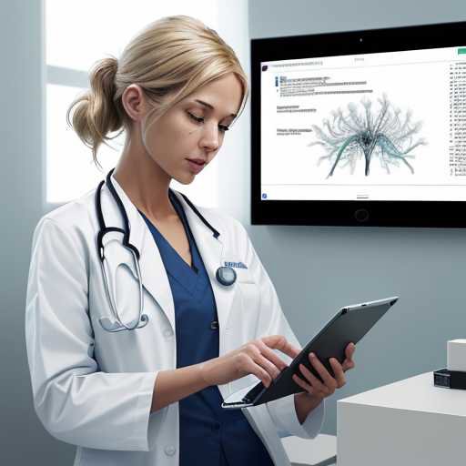 Mediziner nutzt ein Tablet in einer modernen Klinik, um eine Echtzeit-Transkription einer Patientenberatung mit automatischem Tagging medizinischer Begriffe zu visualisieren.