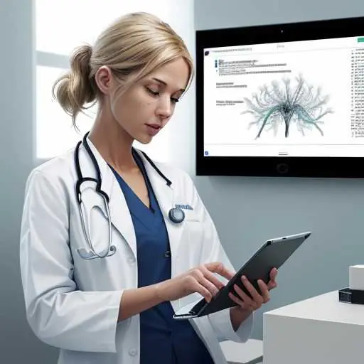 Mediziner nutzt ein Tablet in einer modernen Klinik, um eine Echtzeit-Transkription einer Patientenberatung mit automatischem Tagging medizinischer Begriffe zu visualisieren.