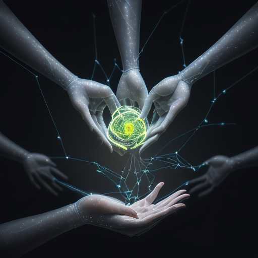 Menschliche Hand berührt ein leuchtendes Netz aus Datenströmen und neuronalen Pfaden, symbolisiert die ethische Verbindung von Mensch und Technologie.