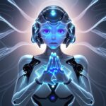 Menschliche und robotische Hände verbinden sich über einen holografischen Datenstrom, symbolisierend die synergetische Zusammenarbeit von Intuition und künstlicher Intelligenz.