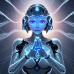 Menschliche und robotische Hände verbinden sich über einen holografischen Datenstrom, symbolisierend die synergetische Zusammenarbeit von Intuition und künstlicher Intelligenz.