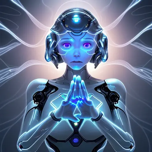 Menschliche und robotische Hände verbinden sich über einen holografischen Datenstrom, symbolisierend die synergetische Zusammenarbeit von Intuition und künstlicher Intelligenz.