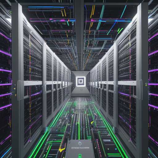 Nahaufnahme eines modernen Rechenzentrums-Racks mit komplexen, miteinander verbundenen KI-Beschleunigerchips und optischen Fasern, die ein gigantisches Super-Gehirn darstellen.