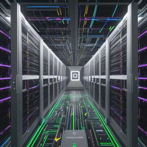 Nahaufnahme eines modernen Rechenzentrums-Racks mit komplexen, miteinander verbundenen KI-Beschleunigerchips und optischen Fasern, die ein gigantisches Super-Gehirn darstellen.