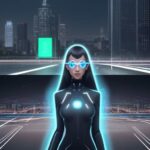 Person mit futuristischen Kontaktlinsen sieht holografische Daten-Overlays in einer städtischen Umgebung, die Navigation und Informationen integrieren.