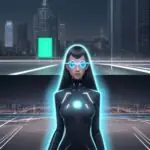 Person mit futuristischen Kontaktlinsen sieht holografische Daten-Overlays in einer städtischen Umgebung, die Navigation und Informationen integrieren.