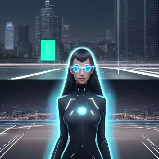 Person mit futuristischen Kontaktlinsen sieht holografische Daten-Overlays in einer städtischen Umgebung, die Navigation und Informationen integrieren.