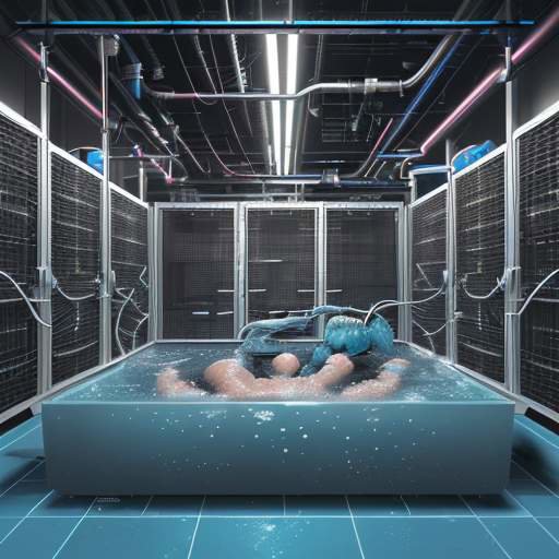 Querschnitt eines modernen Rechenzentrums mit flüssigkeitsgekühlten Servern, das effizientes Wärmemanagement und nachhaltige Technologie zeigt.