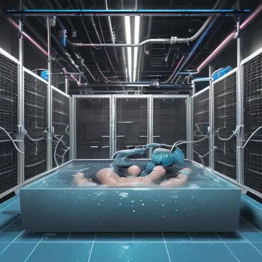 Querschnitt eines modernen Rechenzentrums mit flüssigkeitsgekühlten Servern, das effizientes Wärmemanagement und nachhaltige Technologie zeigt.