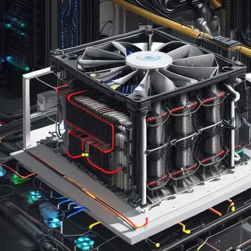 Querschnittsansicht eines modularen Rechenzentrums mit sichtbarer Flüssigkeitskühlung und Anbindung an ein Geothermie-System für dezentrale Energieversorgung.