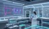 Team von Forschern betrachtet holografische Datenstrukturen wie DNA-Spiralen in einem modernen Medizinlabor, symbolisiert wissenschaftlichen Durchbruch und Forschung.
