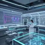 Team von Forschern betrachtet holografische Datenstrukturen wie DNA-Spiralen in einem modernen Medizinlabor, symbolisiert wissenschaftlichen Durchbruch und Forschung.