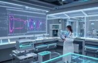 Team von Forschern betrachtet holografische Datenstrukturen wie DNA-Spiralen in einem modernen Medizinlabor, symbolisiert wissenschaftlichen Durchbruch und Forschung.