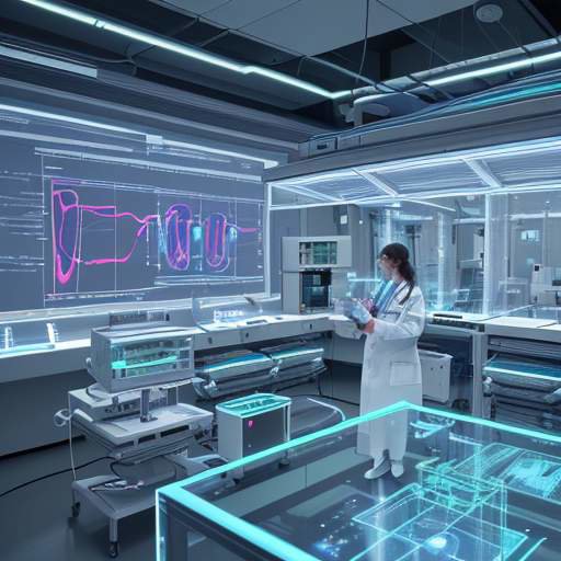 Team von Forschern betrachtet holografische Datenstrukturen wie DNA-Spiralen in einem modernen Medizinlabor, symbolisiert wissenschaftlichen Durchbruch und Forschung.