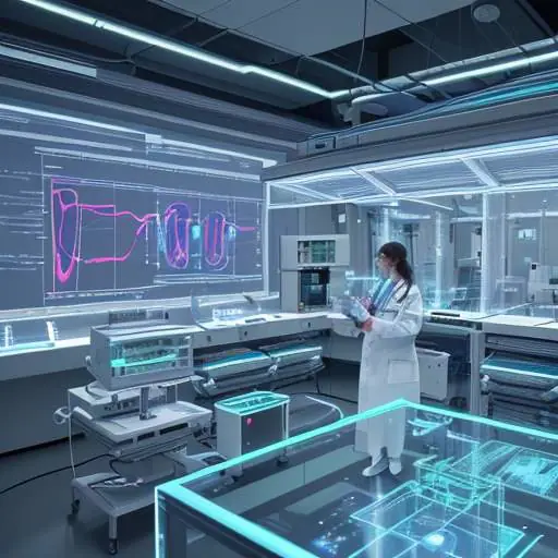 Team von Forschern betrachtet holografische Datenstrukturen wie DNA-Spiralen in einem modernen Medizinlabor, symbolisiert wissenschaftlichen Durchbruch und Forschung.