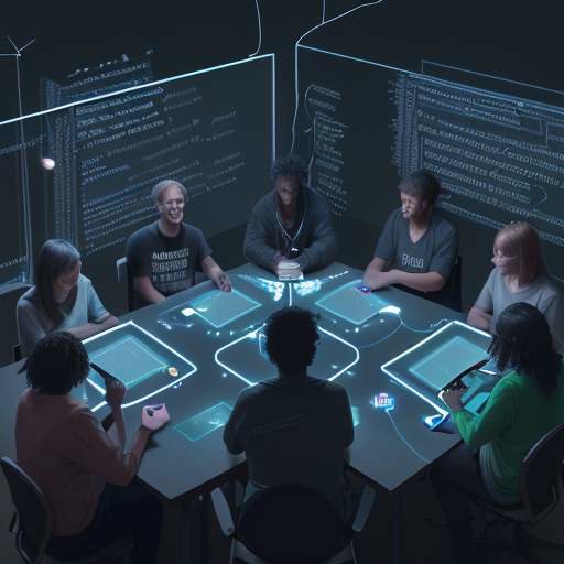 Vielfältiges Team arbeitet bei einem Tisch zusammen, umgeben von leuchtenden, vernetzten Knoten und Code, was die dezentrale Kraft von Open-Source-KI symbolisiert.