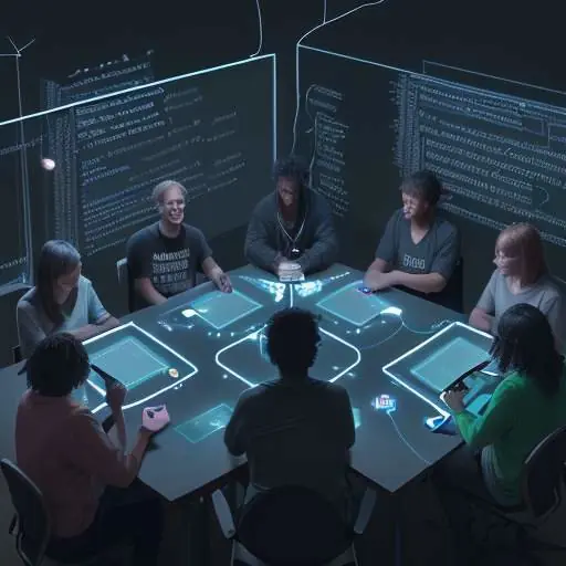 Vielfältiges Team arbeitet bei einem Tisch zusammen, umgeben von leuchtenden, vernetzten Knoten und Code, was die dezentrale Kraft von Open-Source-KI symbolisiert.