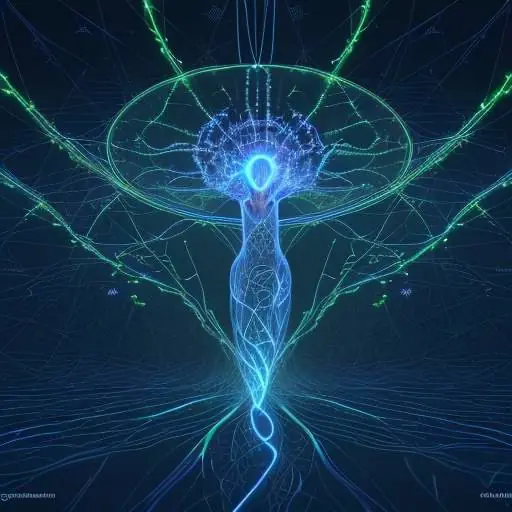 Visualisierung des menschlichen Denkens, das sich mit leuchtenden neuronalen Netzwerken und komplexen Datenvisualisierungen verbindet, um tiefgreifende Erkenntnisse zu ermöglichen.