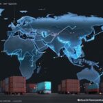 Visualisierung eines globalen IoT-Netzwerks: Datenströme von Containern und Fahrzeugen fließen in ein zentrales Cloud-Hub.
