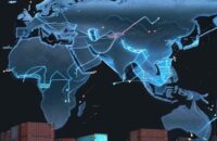 Visualisierung eines globalen IoT-Netzwerks: Datenströme von Containern und Fahrzeugen fließen in ein zentrales Cloud-Hub.