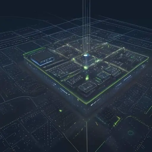 Visualisierung eines verteilten Computing-Netzwerks, das Smart City, Fabrik und Cloud durch leuchtende Datenströme verbindet und Edge-Verarbeitung hervorhebt.