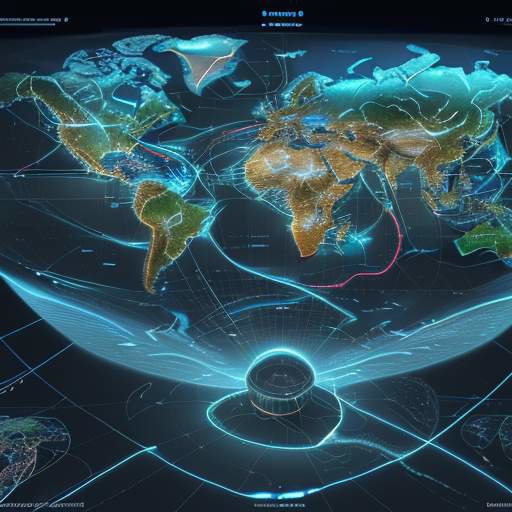 Zentrale KI-Steuerzentrale mit holografischer Weltkarte, die Echtzeit-Logistikdaten und potenzielle Störungen visualisiert, ideal für prädiktive Risikomanagement-Analysen.
