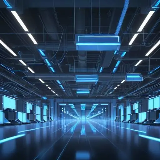 Zukünftiges Rechenzentrum mit leuchtenden Serverregalen und bläulichen LED-Lichtern, das die enorme Hardware-Leistung für die KI-Revolution symbolisiert.