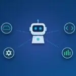 KI-Roboter verbunden mit Cloud, Code, Zahnrad und Diagramm