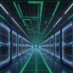 Überblick über ein riesiges, futuristisches Rechenzentrum mit dicht gepackten, blau-grün leuchtenden KI-Serverracks und sichtbaren Kühlsystemen, das die Komplexität moderner Infrastruktur zeigt.