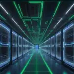 Überblick über ein riesiges, futuristisches Rechenzentrum mit dicht gepackten, blau-grün leuchtenden KI-Serverracks und sichtbaren Kühlsystemen, das die Komplexität moderner Infrastruktur zeigt.