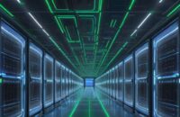 Überblick über ein riesiges, futuristisches Rechenzentrum mit dicht gepackten, blau-grün leuchtenden KI-Serverracks und sichtbaren Kühlsystemen, das die Komplexität moderner Infrastruktur zeigt.