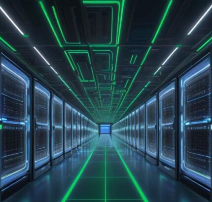 Überblick über ein riesiges, futuristisches Rechenzentrum mit dicht gepackten, blau-grün leuchtenden KI-Serverracks und sichtbaren Kühlsystemen, das die Komplexität moderner Infrastruktur zeigt.