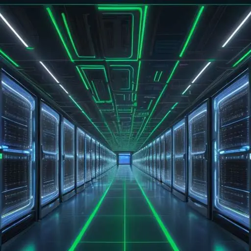 Überblick über ein riesiges, futuristisches Rechenzentrum mit dicht gepackten, blau-grün leuchtenden KI-Serverracks und sichtbaren Kühlsystemen, das die Komplexität moderner Infrastruktur zeigt.