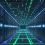 Überblick über ein riesiges, futuristisches Rechenzentrum mit leuchtenden Serverracks und Datenströmen, das immense Rechenleistung und globale Konnektivität symbolisiert.