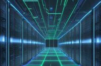 Überblick über ein riesiges, futuristisches Rechenzentrum mit leuchtenden Serverracks und Datenströmen, das immense Rechenleistung und globale Konnektivität symbolisiert.