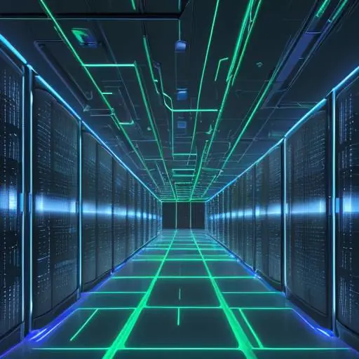 Überblick über ein riesiges, futuristisches Rechenzentrum mit leuchtenden Serverracks und Datenströmen, das immense Rechenleistung und globale Konnektivität symbolisiert.