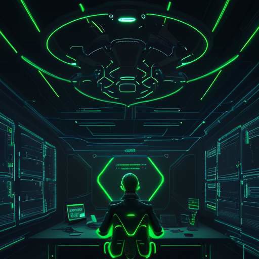 Ein futuristisches Konzeptbild zeigt ein schwebendes, leuchtendes neuronales Netzwerk in lila und goldener Farbe über einem Schreibtisch. Es visualisiert Datenströme, die sich mit der Silhouette eines menschlichen Gehirns verbinden, vor dem Hinter…