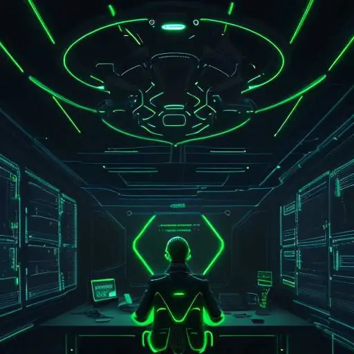 Ein futuristisches Konzeptbild zeigt ein schwebendes, leuchtendes neuronales Netzwerk in lila und goldener Farbe über einem Schreibtisch. Es visualisiert Datenströme, die sich mit der Silhouette eines menschlichen Gehirns verbinden, vor dem Hinter…